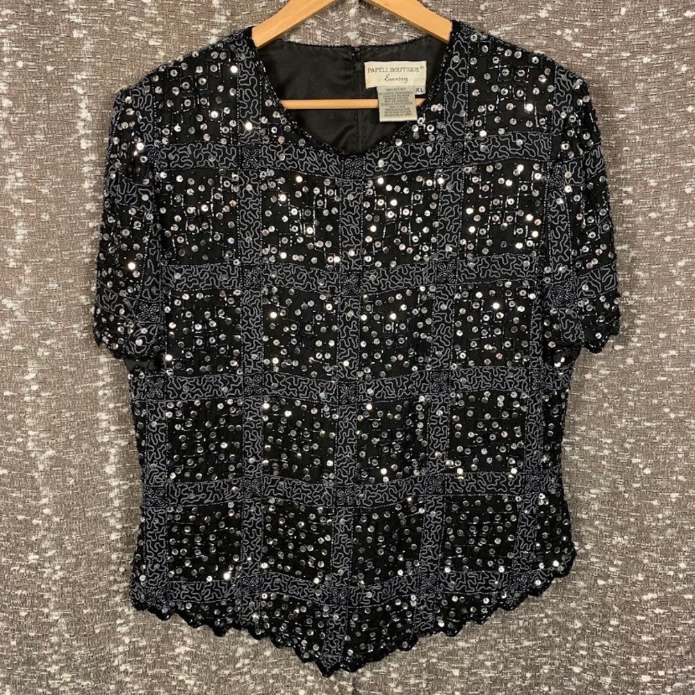 Papell Boutique Evening Beaded Silk Top Black Vintage Blouse Glam Women's XL